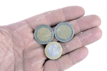 Euro Muenzen , 5 Euro,  Kleingeld in einer Hand