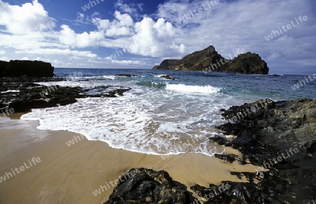 Die Kuesten Landschaft mit der Insel Ilheu de Baixo im sueden der Portugiesischen Insel Porto Santo bei Madeira im Atlantischen Ozean