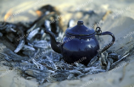 Ein Beduine beim Tee Kochen im Wuestensand in der Wueste in Douz im Sueden von Tunesien in Nordafrika.  