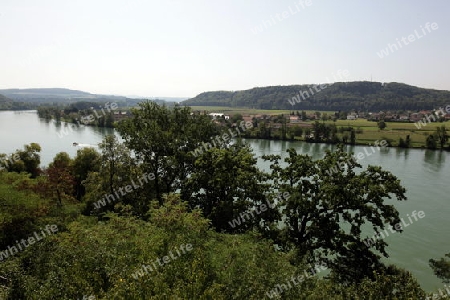the Rhein river on the border of Switzerland and Germany at the old town of Waldshut in the Blackforest in the south of Germany in Europe.