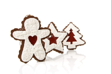 Lebkuchen Stern, Maennchen, Weihnachtsbaum als Weihnachtsdekoration mit weissem Hintergrund