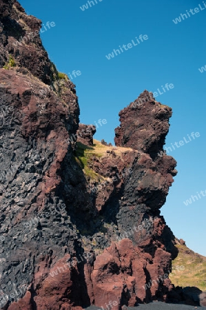 Der Westen Islands, am westlichen Ende der Halbinsel Sn?fellsnes, Blick auf mineralreiche Lavaformationen, vom schwarzen Strand von Djupalonssandur aus gesehen